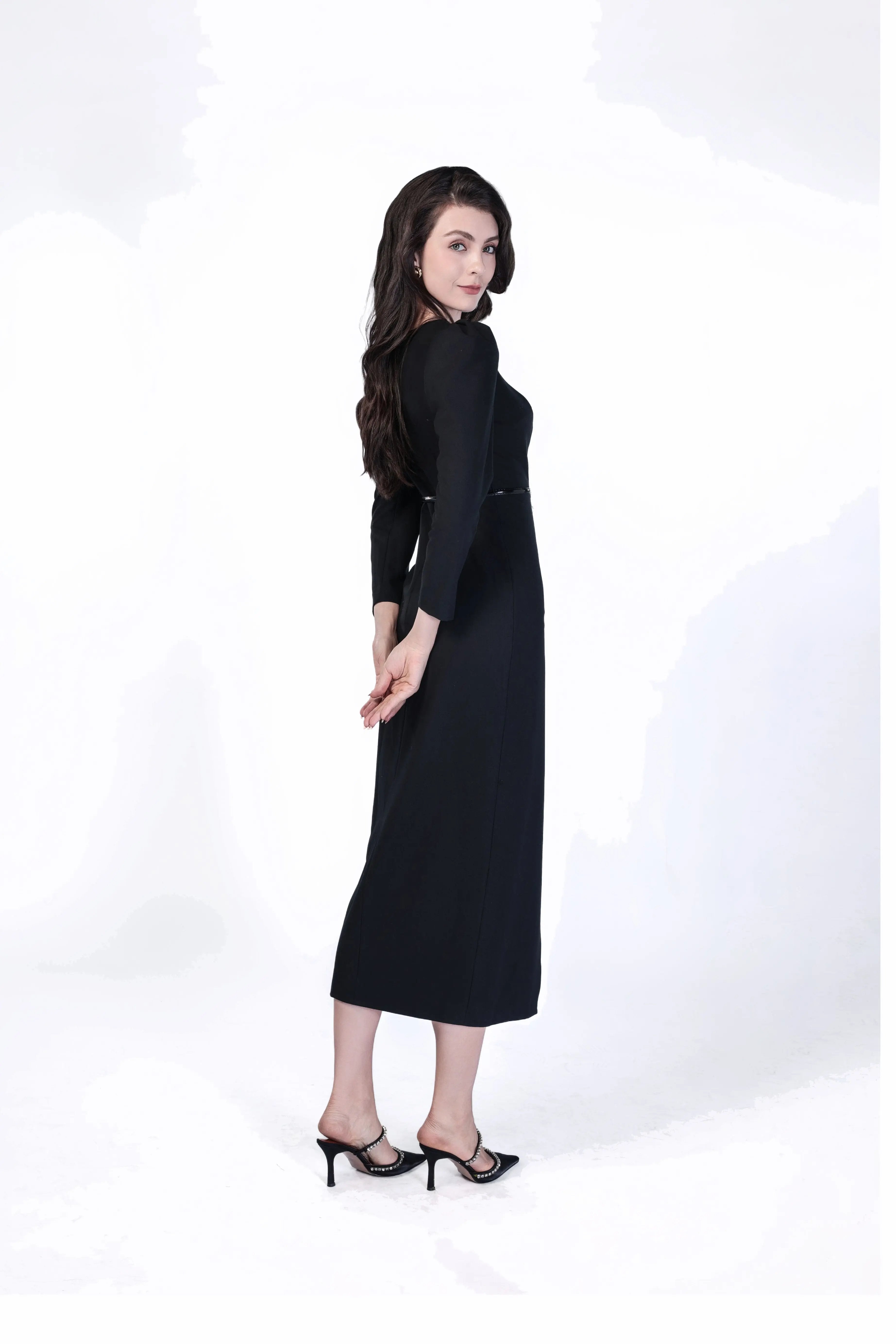 Elegant Black Dress with Beaded Collar ULA